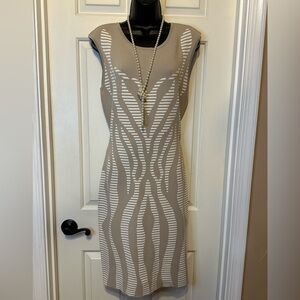 SG07-Calvin Klein Tan and White Sheath Sweater Midi Dress